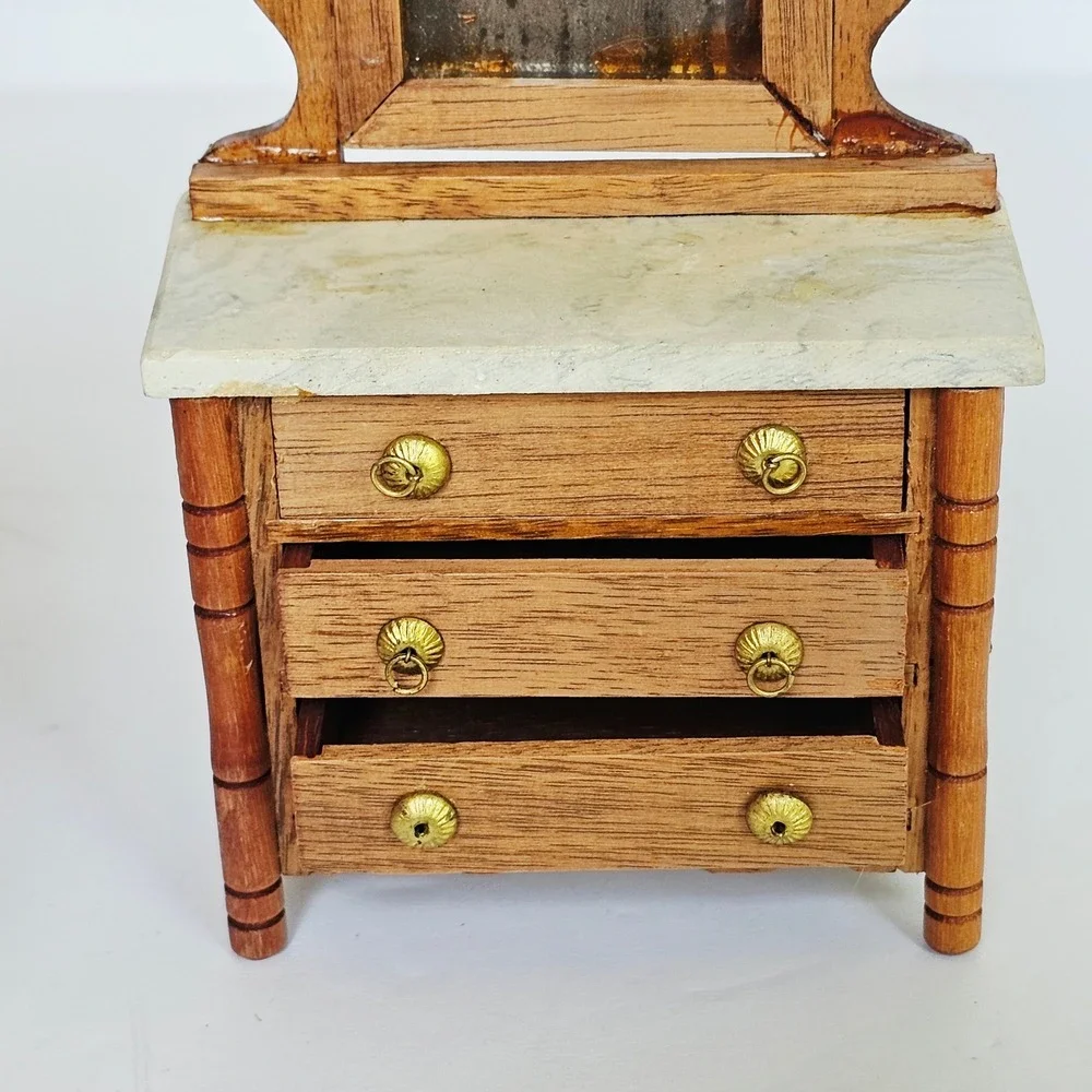 Vtg Wood Dollhouse Furniture Set Canopy Bed Dresser Rocking Chair Shabby Chic
